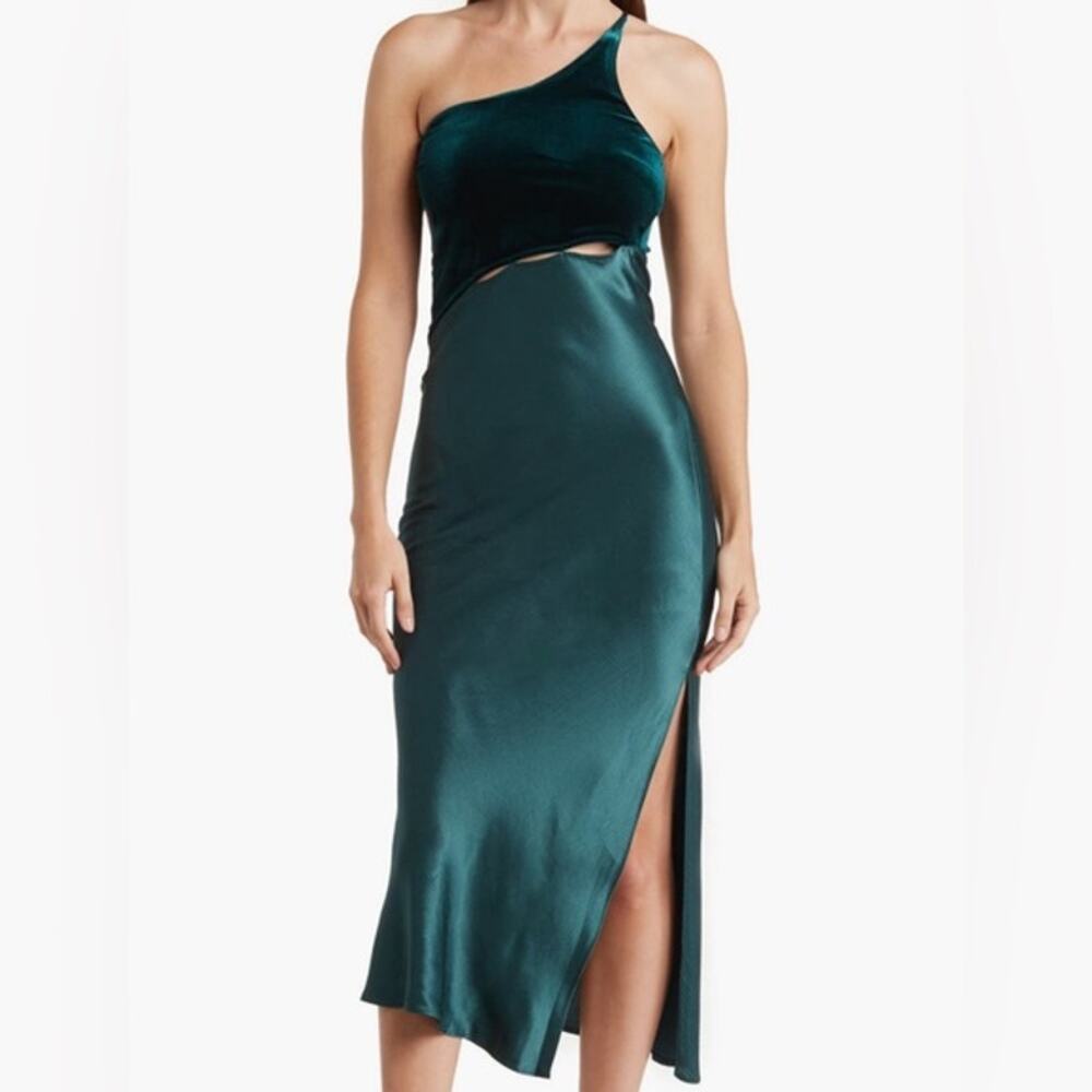 Topshop Petite One Shoulder Green Velvet and Satin Cut Out Midi Dress Womens 8